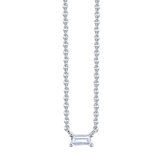 18K White Gold Single Diamond Baguette Necklace