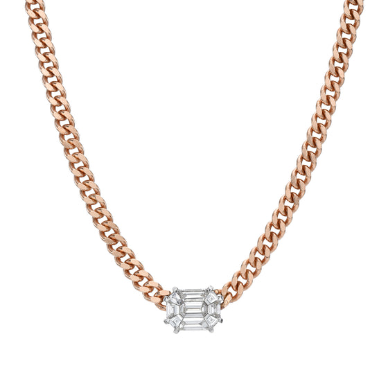Emerald Cut Solitaire on 14K, 16" Rose Gold Link Chain Necklace