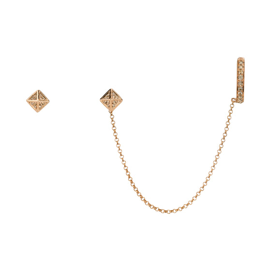 Rose Gold, Pave Brown Diamond Pyramid Ear Cuff Chain & Matching Stud Set