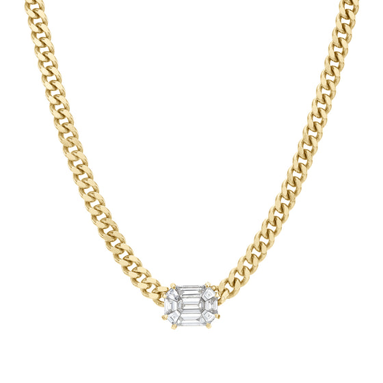 Emerald Cut Solitaire on 14K, 16" Yellow Gold Link Chain Necklace