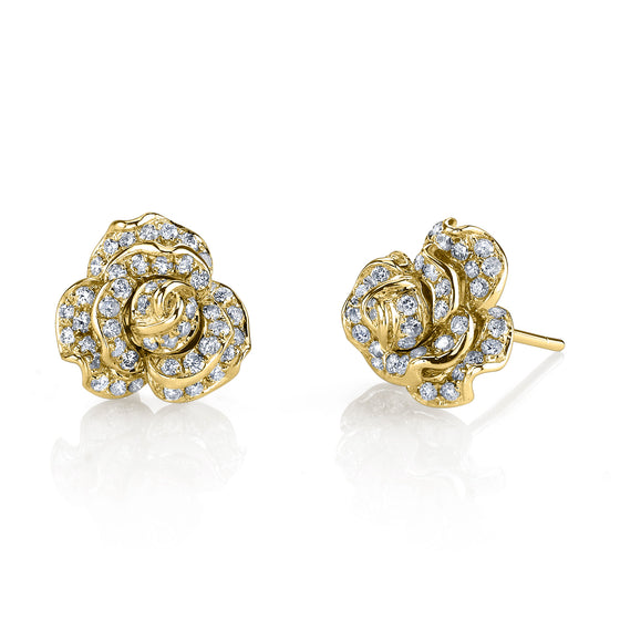 18K Yellow Gold, Pave White Diamond Rose Stud Earrings1.14cts white diamonds
