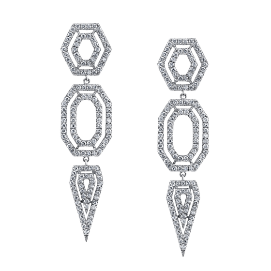 18K White Gold, Pave Diamond Hexagon Chandelier Earrings