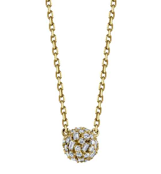 Yellow Gold Small Pave Mixed Cut Diamond Ball Necklace
