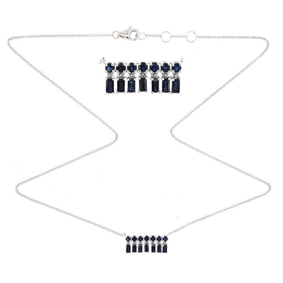 18K White Gold, Blue Sapphire Baquette X-Small Bar Dangle Necklace
