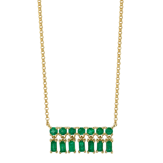 18K Yellow Gold, Emerald Baquette X-Small Bar Dangle Necklace