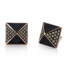  Pave Rose Gold, Brown Diamond Ebony Wood Pyramid Stud Earrings