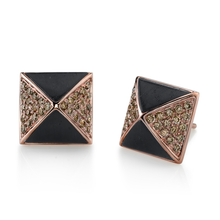  Rose Gold, Pave Brown Diamond Ebony Wood Pyramid Stud Earrings